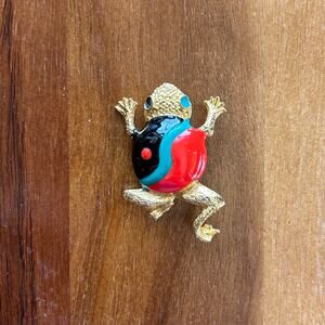 Vintage Enamel Frog Brooch | Gold Tone Multicolor Figural Pin Retro Jewelry